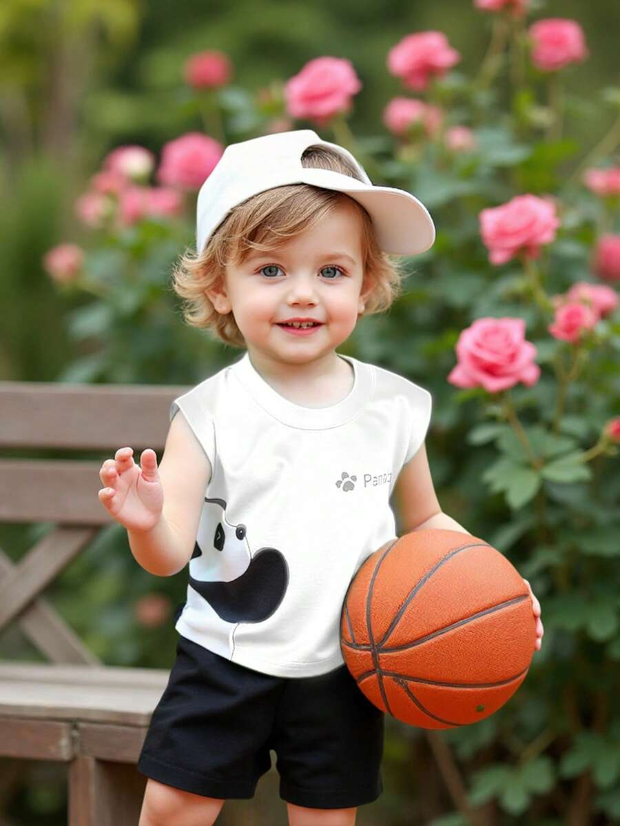 2pcs Baby Boys' Sleeveless Crew Neck Cute Panda Print Top And Solid Color Shorts Set, Suitable For Daily Outings In Summer - White - View 1