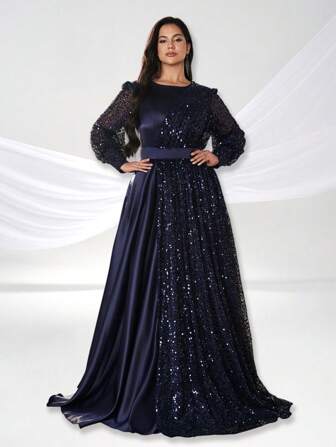 YISIKADO Plus Size Elegant paljetterad satin Lanternärm Formell aftonklänning med rund hals, långärmad balklänning, för bröllopsfestklänning