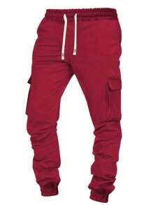 Spring/Autumn New Men's Solid Cargo Jogger Sweatpants , Casual Sporty Regular Fit Plus Size Fitness Running Multi Pocket Drawstring Waist Pants - Red - View 1