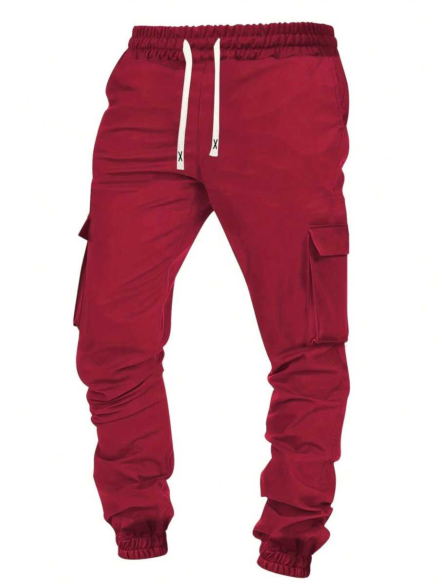 Spring/Autumn New Men's Solid Cargo Jogger Sweatpants , Casual Sporty Regular Fit Plus Size Fitness Running Multi Pocket Drawstring Waist Pants - Red - View 1