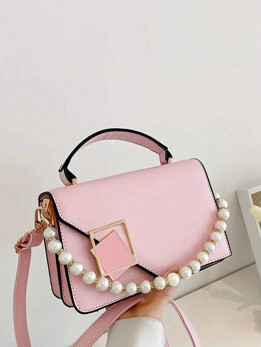 Mini sac à bandoulière avec rabat décoré d'une chaîne tressée pour femmes, portable pour le bureau, le shopping et les voyages - Rose bonbon - Voir 1