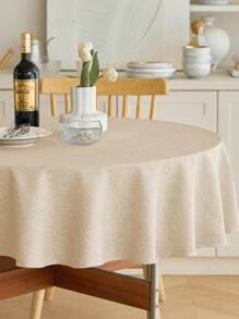1 pieza Mantel redondo de lino beige, impermeable y a prueba de aceite, adecuado para comedor, restaurante, mesa de café, boda, fiesta de cumpleaños, decoración del hogar - Beis - Ver 5