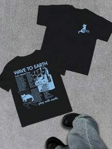 WAVE TO EARTH玩转地球字母小猫印花男士T恤，简约文艺原宿风，乐队音乐小猫T恤，时尚休闲宽松男士夏季必备双面印花T恤 - 黑色 - 查看 1