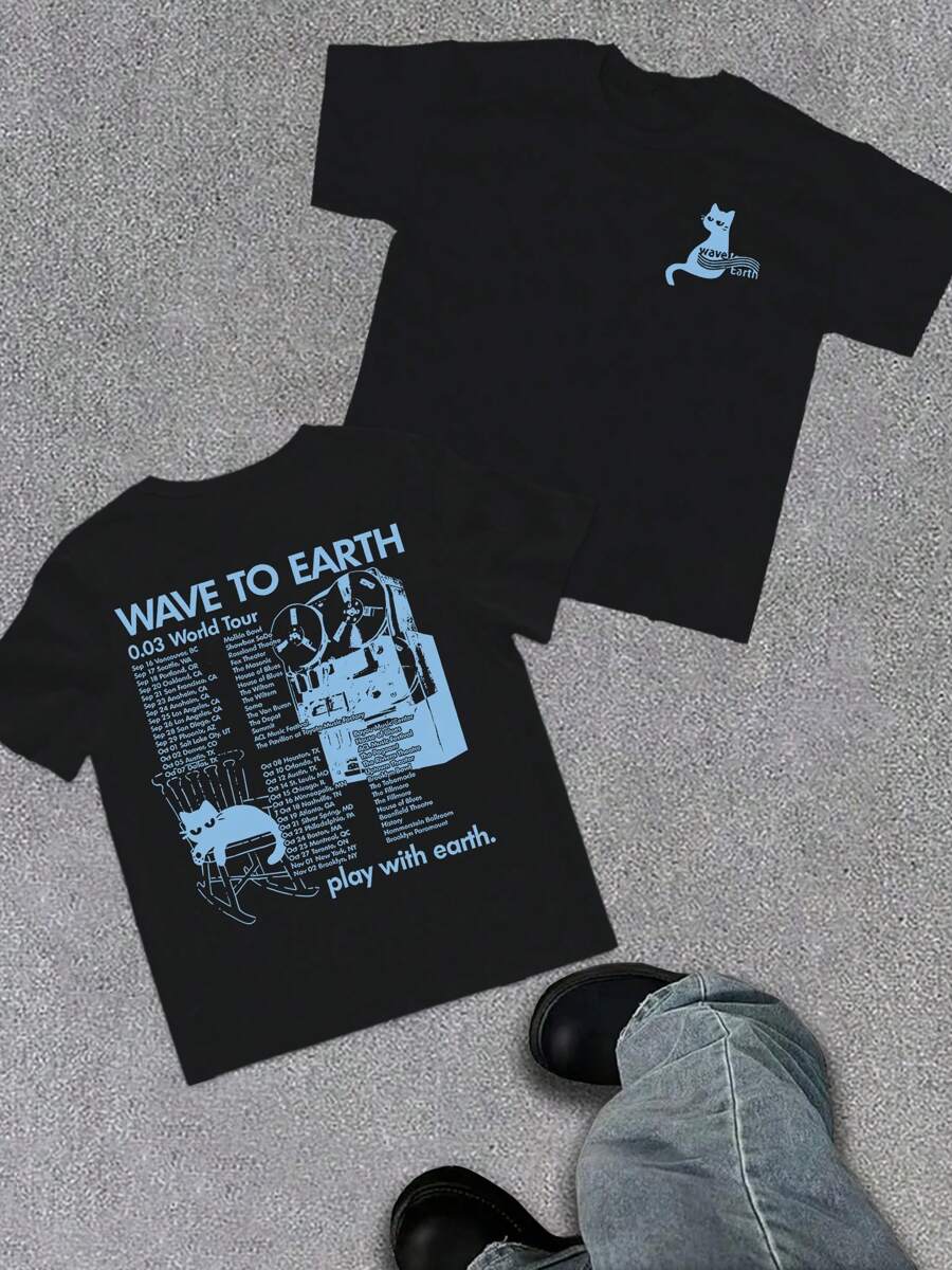 WAVE TO EARTH玩转地球字母小猫印花男士T恤，简约文艺原宿风，乐队音乐小猫T恤，时尚休闲宽松男士夏季必备双面印花T恤 - 黑色 - 查看 1