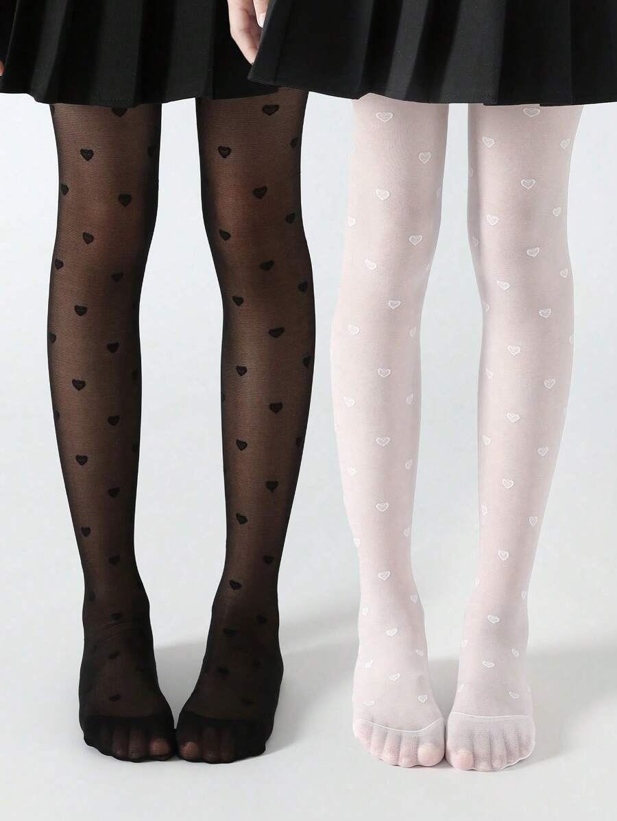 1pc Girls Kids White, Black, Heart Pattern Jacquard High Stretch Footless Tights, Mesh Leggings, Comfortable Pantyhose, School Style Dance Pants, Suitable For Back To School Season/Spring Summer