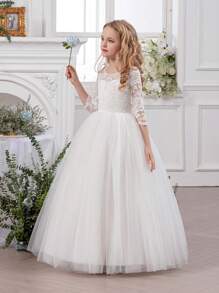 青少年女孩蕾丝边深 V 网眼派对礼服，优雅公主礼服，适合作为生日礼物、派对、婚礼伴娘、舞会、节日庆典 - 白色 - 查看 4