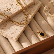 1pc 18K Plated Stainless Steel Fashion Simple Square Zirconia Pendant Necklace, Suitable For Date, Party, Office Wear - Yellow Gold - View 2