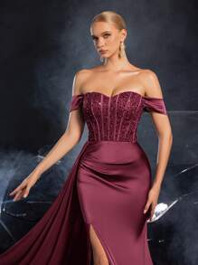 Faeriesty Đầm dạ hội trễ vai thanh lịch, thiết kế xẻ cao, xếp ly bên hông - Đầm dạ hội bằng satin sang trọng, phù hợp cho các sự kiện thảm đỏ, dạ tiệc trang trọng, lễ trao giải, đám cưới thắt cà vạt đen, trình diễn thời trang cao cấp, tiệc tùng và khách mời đám cưới. - Màu Đỏ Sâu - Xem 5