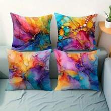 4pcs Colorful Watercolor Marble Patterned Pillow Covers, Modern Polyester Soft Cushion Covers, Suitable For Holiday, Festival And All Season Decor, Sofa, Bedroom, Bed, Living Room, Home Decoration