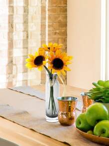 1 Bunch (5 Branches) 13 Inch(H) Simulation Sunflower Bouquet Home Living Room Bedroom Office Wedding Birthday Party Tabletop Decoration Hand Flower Shooting Props Gifts Graduation