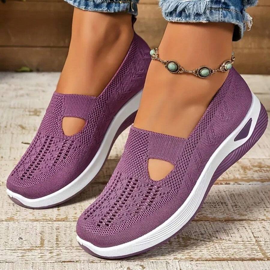 Teal Lightweight Breathable Knit Slip-On Sneakers - Comfortable Walking Shoes With Detail, All-Season Flat Sports Shoes For Large Size Ladies - 紫色 - 查看 1
