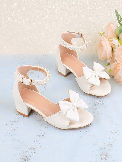 Girls Pearl Decorated Dress Sandals, High Heeled Bridesmaid Wedding Party Formal Wear Peep Toe Strap Sandals For Toddlers, Little & Big Kids