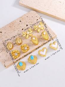 1 对/6 对心形不锈钢镀金环状耳环，简约耳环，奢华夏季配饰