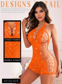 Sparkling Purple Rhinestone Fishnet Bodysuit For Women - Sexy Cut-Out Lingerie Romper With Halter Neck & Backless Design, Stretchy Nylon & Spandex Blend, Hand Wash Only, Adult Lingerie | Halter Neck Bodysuit | Spandex Bodysuit - 橘色 - 查看 2