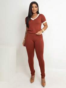 Premium V-Neck Sweatpants And Top Set With Details On The Neckline And Sleeves - 摩卡棕 - 查看 2