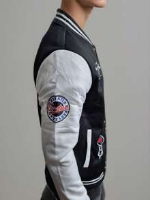 Chamarra beisbolera universitaria con bordado de New York para otoño e invierno - Negro - Ver 7