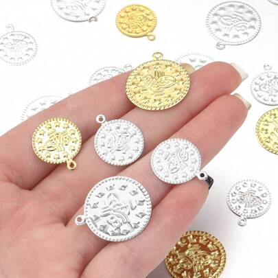 50pcs/100pcs/Pack Iron Alloy Turkish Floral Vintage Iron Pendant, Gold Round Retro Style Charm For Bracelet Necklace DIY Jewelry Accessories