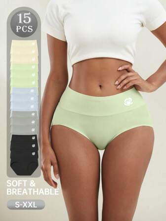 15 Pcs Fashion Solid Color Non-Marking Women's Panties, Comfortable Skin-Friendly And Breathable Mid-Rise Triangle Panties, Home Daily Leisure Set
