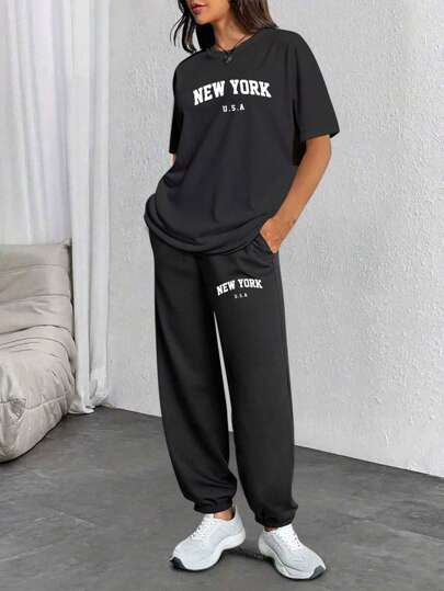 Tuta estiva casual da donna con stampa di New York, maniche corte a goccia