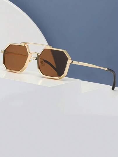 1 件女士金属多边形双梁小框时尚眼镜，欧美蒸汽朋克风格嘻哈，适合户外、街头、时装秀、日常佩戴和度假