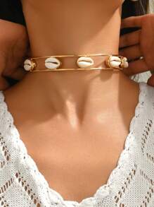 1pc Fashionable Minimalist Double-Line Shell & Metal Choker Necklace For Women, Charm Jewelry For Spring/Summer Beach Vacation, Party, Wedding - Shell Golden Yellow - View 2