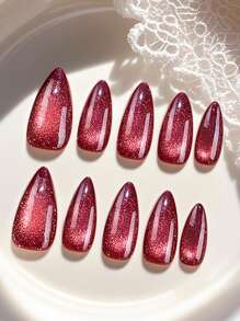 10 paquets d'ongles à presser faits main, faux ongles rouges purs scintillants avec effet œil de chat, faux ongles courts brillants en forme de cercueil pour femmes et filles, livrés avec 1 bande à froisser et 1 colle en gelée. Fournitures pour ongles - Rouge foncé - Voir 18