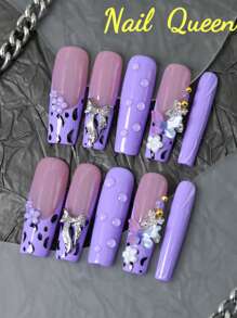 10 件 100% 手工按压指甲 高档美白新款葡萄紫中长款芭蕾风格美甲套装 半透明设计 3D 花朵仿真水滴金属蝴蝶结手绘斑点欧美风格全覆盖可拆卸和可重复使用指甲上的独特美甲风景派对和婚礼必备时尚配饰女孩礼物的首选美甲用品包括指甲锉和指甲胶