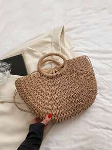 Bolso de playa de media luna de paja y ratán tejido a mano, de gran capacidad, para mujer, de estilo hueco y cruzado, bolso de hombro de verano de paja de media luna, hecho a mano, portátil, de gran capacidad, bolsa de playa, cesta tejida, bolso de asa superior, monedero y bolsas de tela