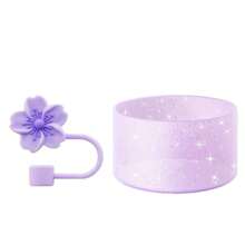 SUGAW 2 piezas Accesorios de botella de agua de silicona, Funda de taza con purpurina de 2.95 pulgadas, Tapa de pajita con flor de hibisco (se ajusta a pajitas de 10 mm), Accesorios de taza hermosos y a la moda, anti-polvo, anti-caídas, y de reducción de ruido, adecuados para fitness, actividades al aire libre, decoración de tazas, compatibles con, regalo del Día de la Madre, útiles escolares de regreso a clases