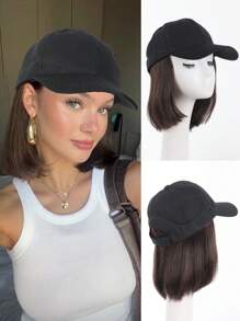Gorra de béisbol con peluca para mujeres, gorra de béisbol negra con extensiones de cabello sintético rubio liso de 10 pulgadas, gorra de béisbol negra ajustable con peluca tipo bob de cabello rubio, negro y marrón, adecuada para mujeres y niñas