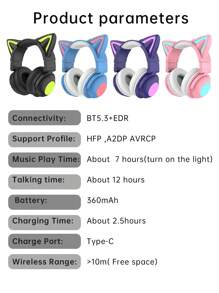 Cat Style Gaming Headset With Colorful LED Lights, Long Playback, With Microphone, Foldable, With Deep Bass, HiFi Stereo Suitable For Tablets And Mobile Phones