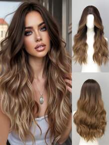28 Inch Women Ombre Brown-Golden Curly Wig With Middle Part, Heatproof Synthetic Party/Daily Use Wig - Blonde Ombre - View 11