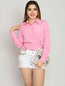 Camisa holgada lisa para dama con cinturones de moda casual - Rosa - Ver 2