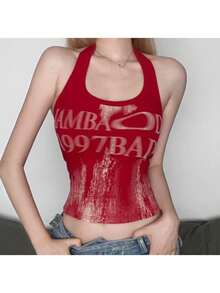 Crop Top Halter Camisole Summer Beach Fashion Sleeveless For Women - 紅色 - 查看 2