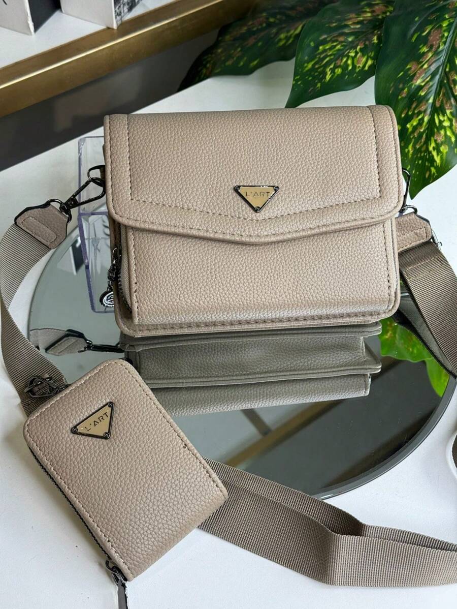 Women's Crossbody Shoulder Bag With Nylon Strap And Mini Purse - Khaki - View 1
