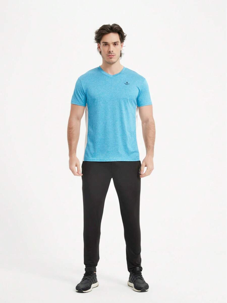 Men's V Neck Set-In Short Sleeve T-Shirt - Heather Teal/White - View 1