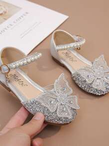 1 双时尚百搭粉色女孩珍珠和水钻蝴蝶结装饰可爱平底凉鞋，圆头，适合日常穿着、跳舞、户外，亮片装饰包头公主鞋，尺码偏小半码，春秋季 - 銀色 - 查看 3