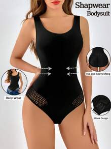 女式无缝塑身连体衣，带腰部收紧和提臀内裤，宽肩带 U 领无袖收腹塑身连体衣 - 黑色 - 查看 3