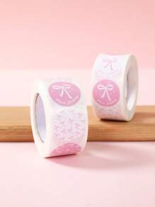 500pcs/Roll Pink & White Bow Pattern "Happy Birthday" Round Stickers, Baby Shower Gender Reveal Party Decorations, Birthday Party Gift Wrapping Stickers - Pink - View 5