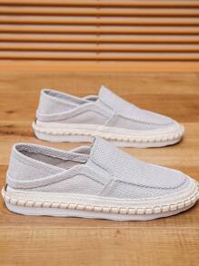 Men's Breathable Fisherman Shoes, Linen Round Toe Slip-On Flat Casual Canvas Shoes, Vacation Style, Solid Color, Summer - Grey - View 6