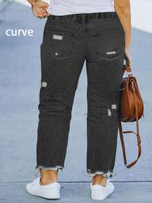 Plus Size Women Casual Loose Ripped Waist Elastic Waist Jeans, Versatile Street Style - Black - View 3