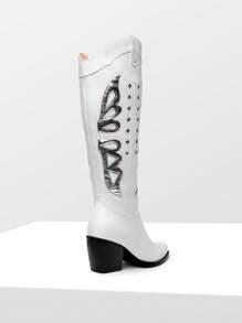 Women's Western Cowboy Boots Chunky Heel Pointed Toe Knee High Fashion Pull-On Cowgirl Boots With Zipper - trắng - Xem 6