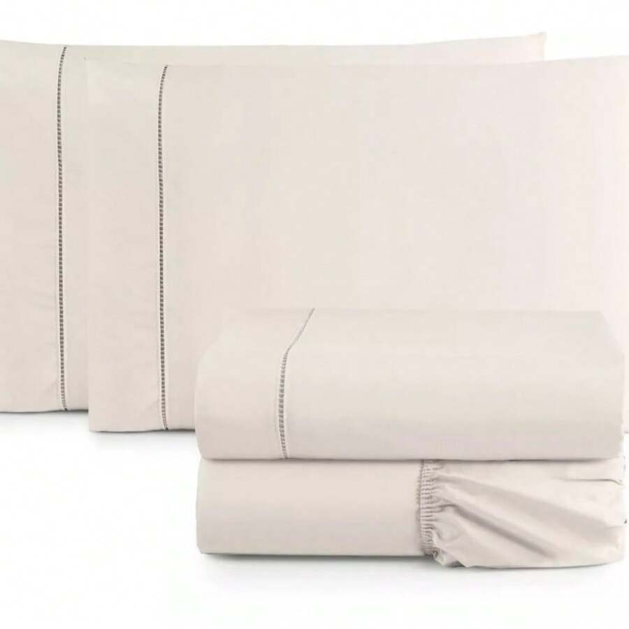 4-Piece King Size Sheet Set, Double Queen Size Percale, 200 Thread Count, 100% Plain Cotton, With Elastic, Soft Touch - 稻草 - 查看 1