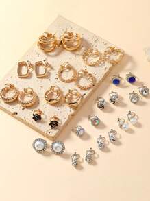 15 Pairs/Set Non-Pierced Earrings, Includes Black Flower Earrings, Blue Cubic Zirconia Ear Clips, Versatile Geometric Cubic Zirconia And Pearl Earring Sets - Multicolor - View 11