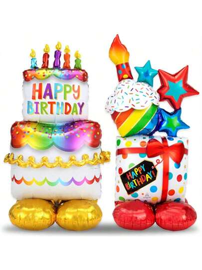 生日快乐气球立式生日快乐气球，加厚大号生日快乐铝箔聚酯薄膜气球适用于生日派对淋浴装饰用品（蛋糕和盒子形状），圣诞节
