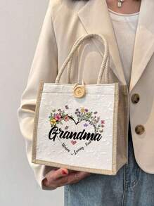 1Set Chic 'Grandma' Letter And Flowers Printed Linen Handbag,Leopard Linen Coin Purse, Block Shopping Bag, Mother's Day Gift Women's Linen Large Capacity Handbag. Multi Functional Portable Women's Gift, Perfect Holiday Bag, Suitable For Daily Travel, Beach Vacation, Large Capacity Shopping Bag, Very Suitable For School, University, Work, Commuting, Outdoor, Travel, Outdoor, Vacation, Etc