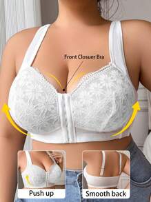 Sujetador inalámbrico de talla grande para mujeres con cierre delantero de encaje - Blanco - Ver 2
