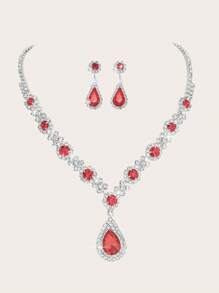 Bộ 4 vòng cổ đính đá Rhinestone màu đỏ, phù hợp với túi xách váy dạ hội bằng kim loại đính đá Rhinestone của phụ nữ, bộ vòng cổ, vòng tay, hoa tai cưới của cô dâu, phù hợp cho các bữa tiệc, đám cưới, khiêu vũ, bữa tối/bộ trang sức tiệc, quà tặng ngày lễ - Đỏ - Xem 16