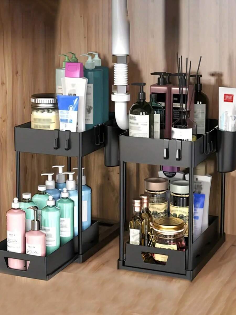 带可拆卸抽屉的 2 层水槽下收纳架、厨房水槽柜储物架、多功能浴室梳妆台架 - 黑色、容量大、坚固、节省空间、最大化存储、水槽整理的理想选择
