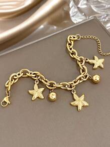 1 pièce Bracelet chaîne de perles en forme d'étoile de mer en acier inoxydable doré, bracelet empilable pour femme. Bijou de fête quotidienne pour anniversaire, Noël